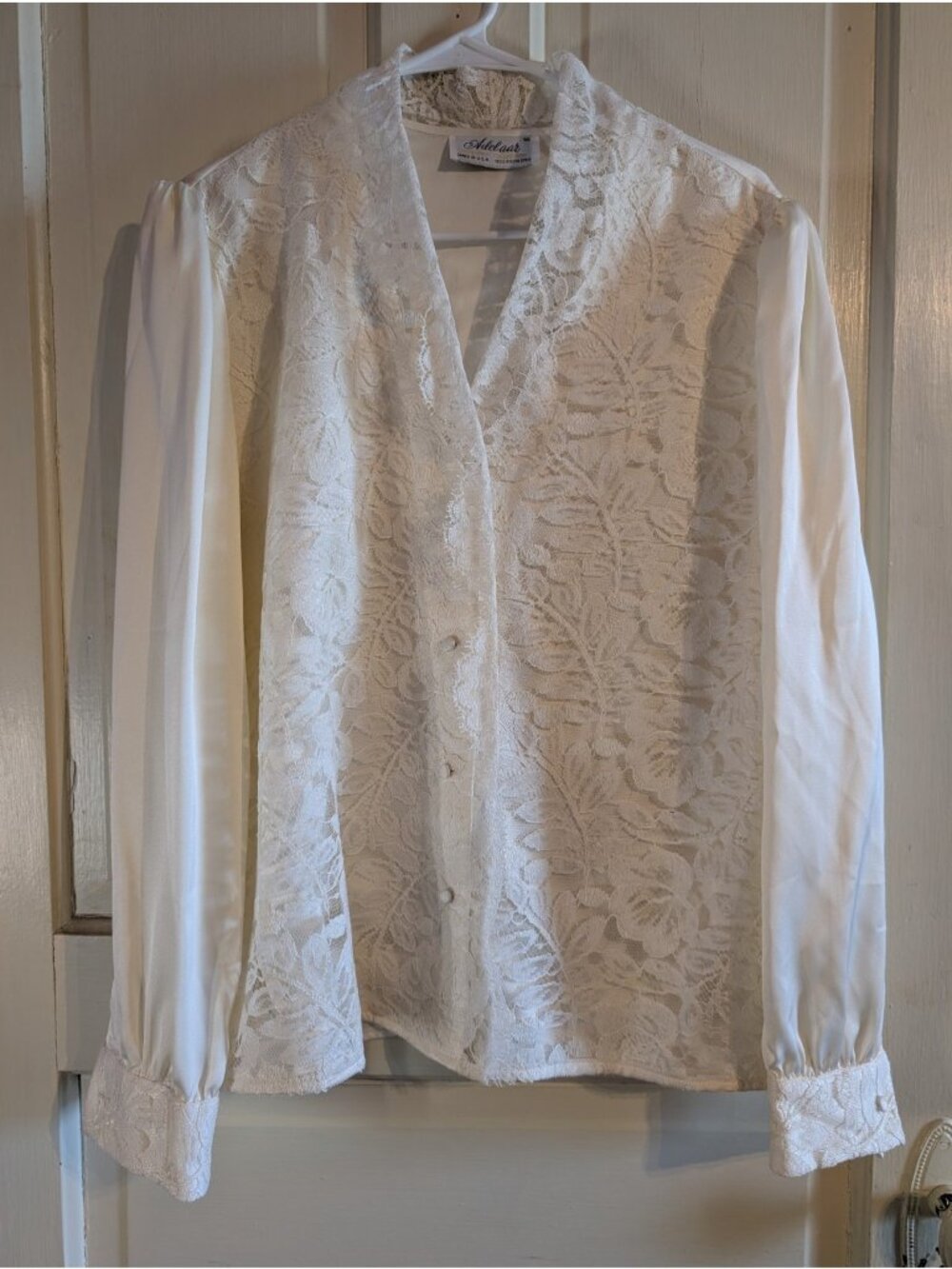 Vtg Adelaar Ivory White Lace Satin Blouse Size 16